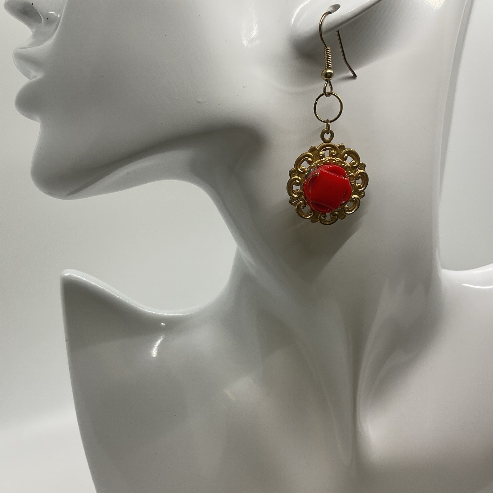 Gold Tone Red Round Filigree Dangle/Drop Earrings Hook Closure