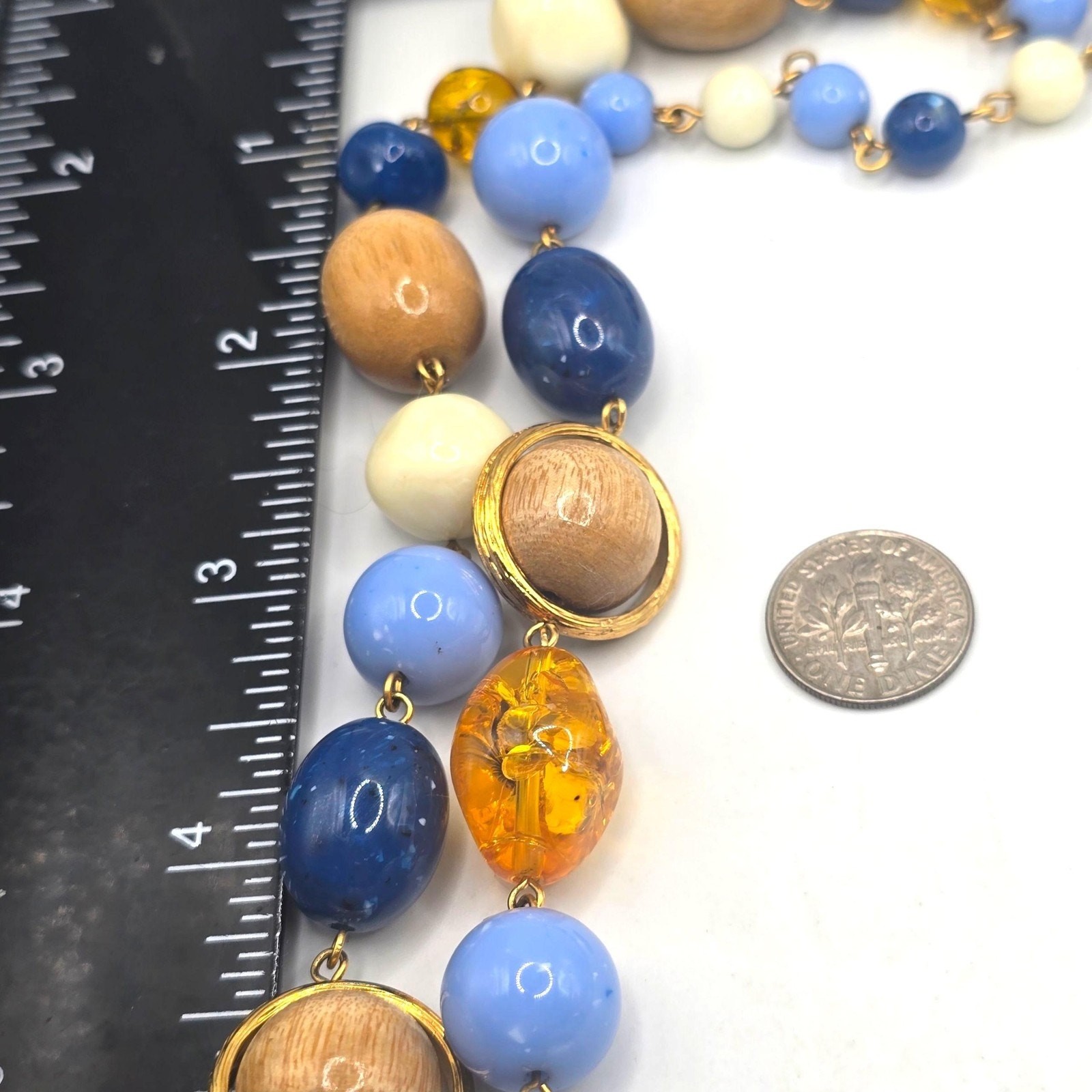 Necklace Vintage Liz Claiborne Wood Acrylic Blue White Beads 24″ Jewelry SKU2421