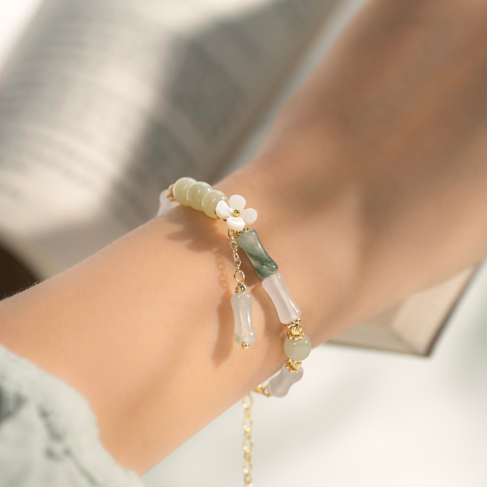Genuine Hetian Jade Bracelet Bamboo Style Mother of Pearl Flower Gold Plated