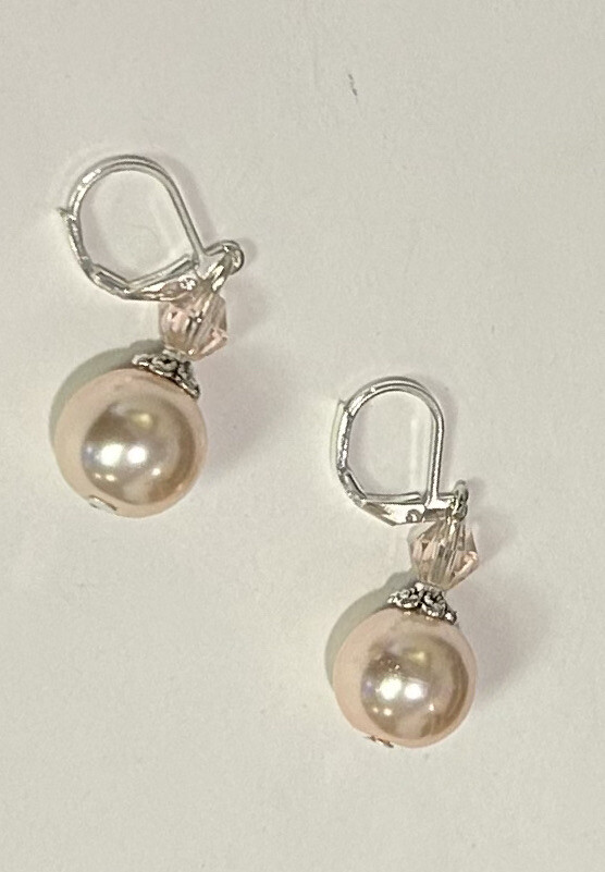SILVER 925 PALE PINK 12mm PEARL BLUSH SPARKLE CRYSTAL DANGLE LEVER BACK EARRINGS