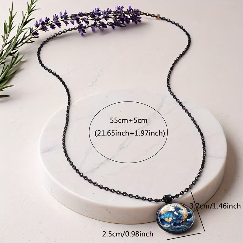 Dragon Blue Round Necklace Jewelry Magical Gothic Pendant