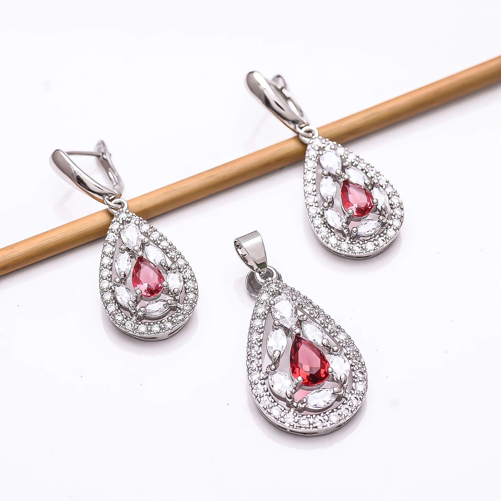 Pink Rubellite Tourmaline, CZ 925 Sterling Silver Pendant Earring Set PS_9752_18
