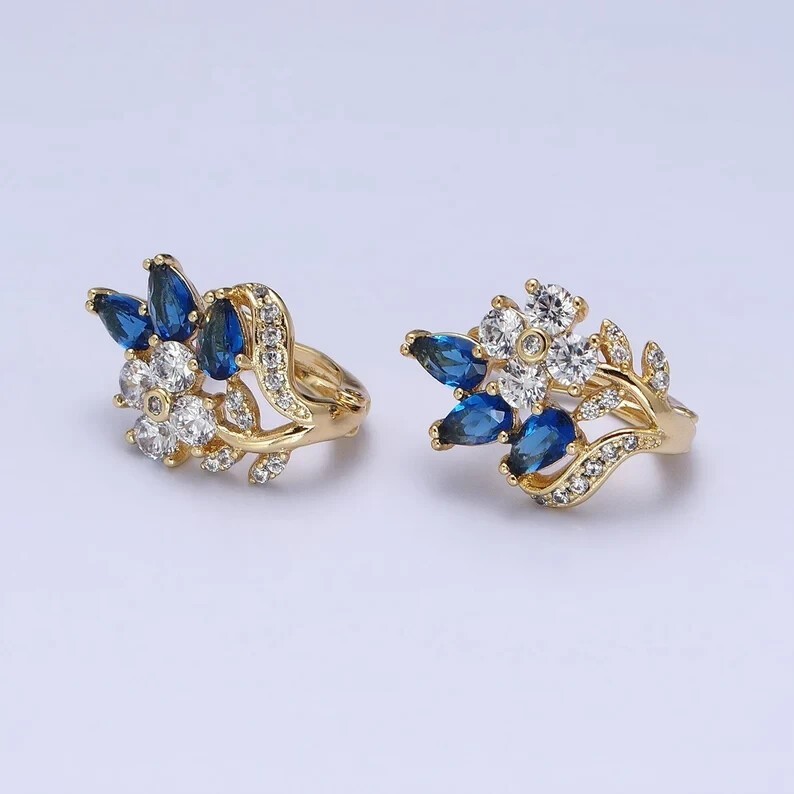 Flower Hoop Earrings 2Ct Pear Simulated Sapphire Women’s 14k Yellow Gold Plated