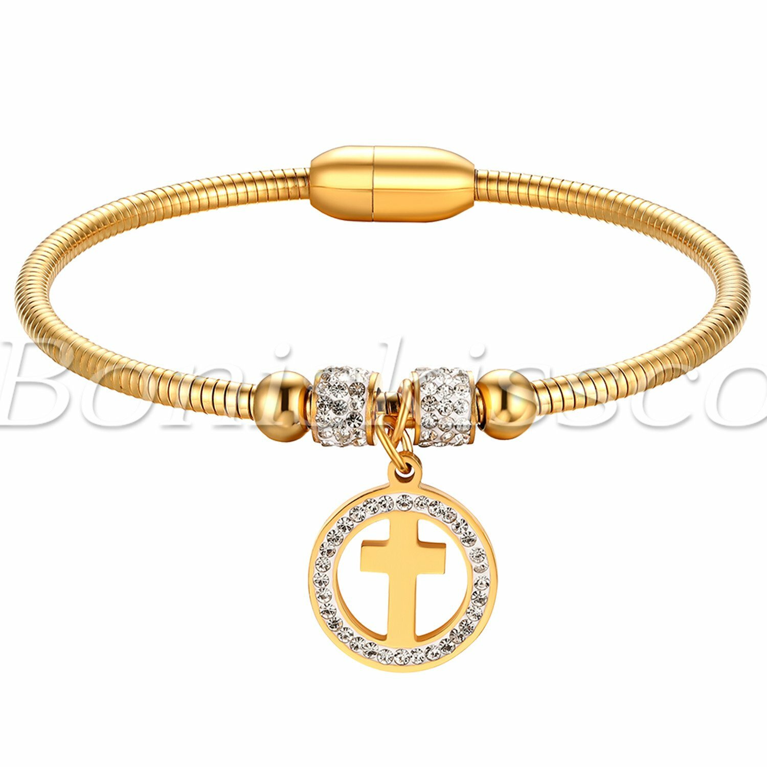 Women’s Stainless Steel Hollow Rhinestone Cross Magnetic Cuff Buckle Bracelet