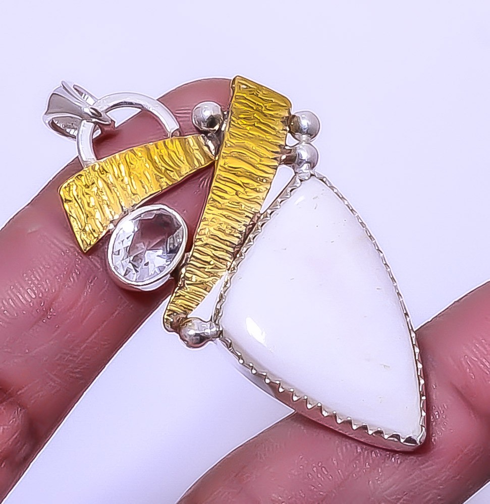 White Scolecite – India Gemstone 925 Sterling Silver Two Tone Pendant 2.34″ A317