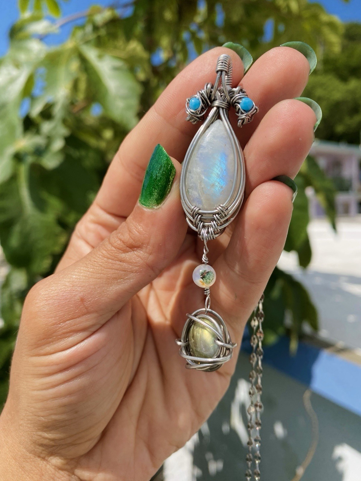 Handmade Wire Wrapped Moonstone & Labradorite Necklace Steel Wire & Chain