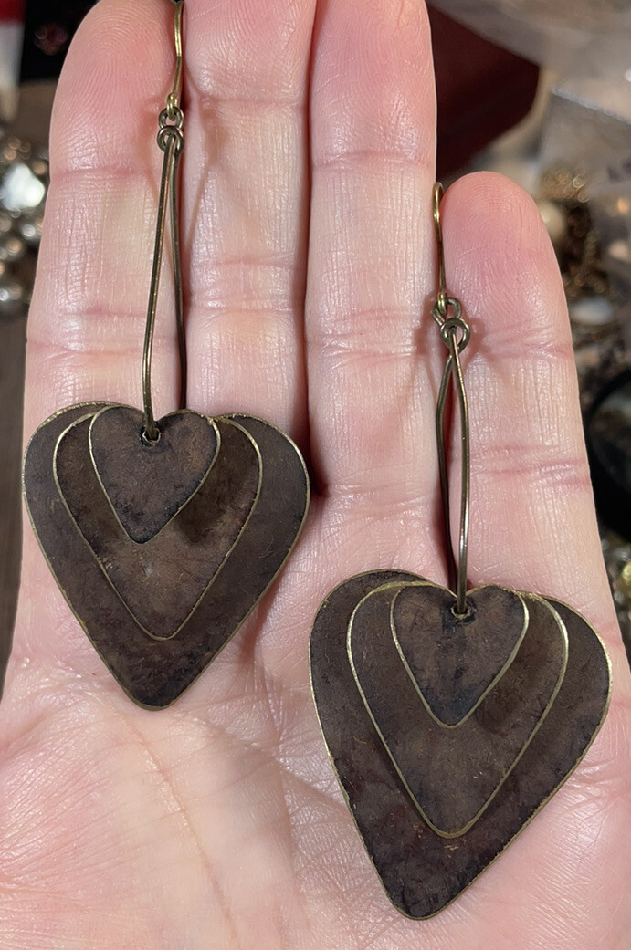 Rustic metal Brown pierced earrings 3.25” Hook Chunky Long Hearts