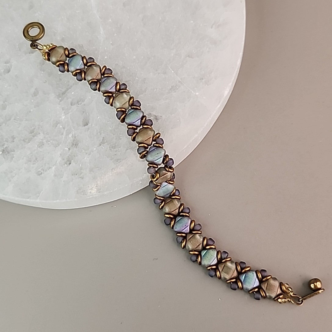 Glass Beaded Bracelet Weaved Frosted Iridescent Multicolor Snap Clasp 6.25″