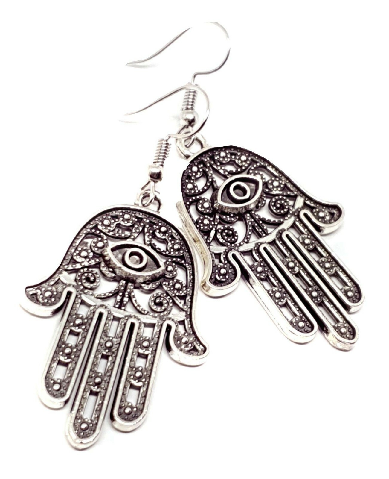 Large Hamsa Earrings Evil Eye Protection Filigree Silver Drop Dangle Jewellery