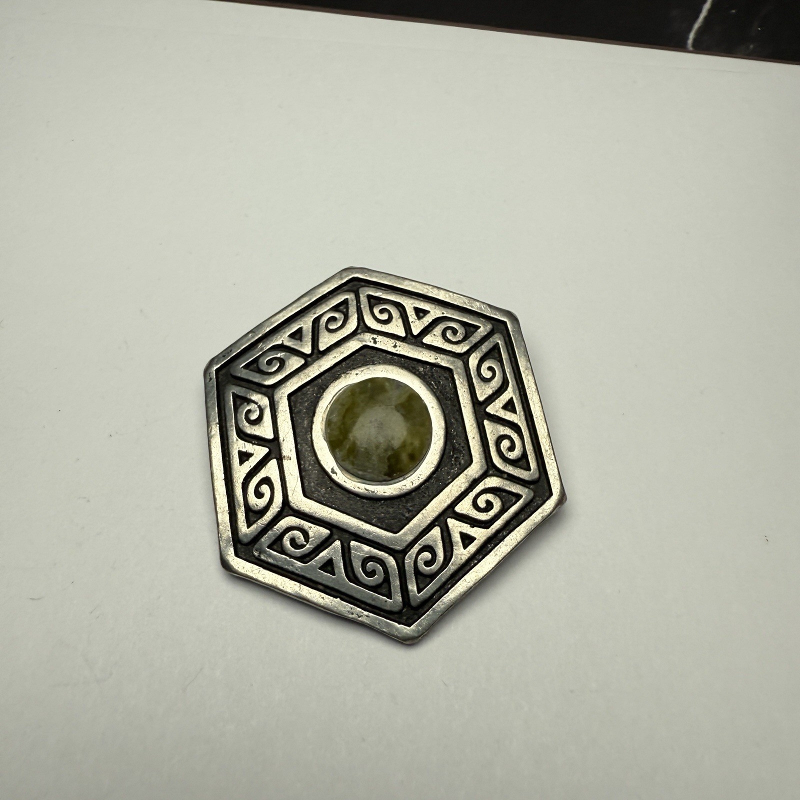 Celtic Hexagon Hex Signed Ireland PJC Brooch Pin Silver Tone / Green