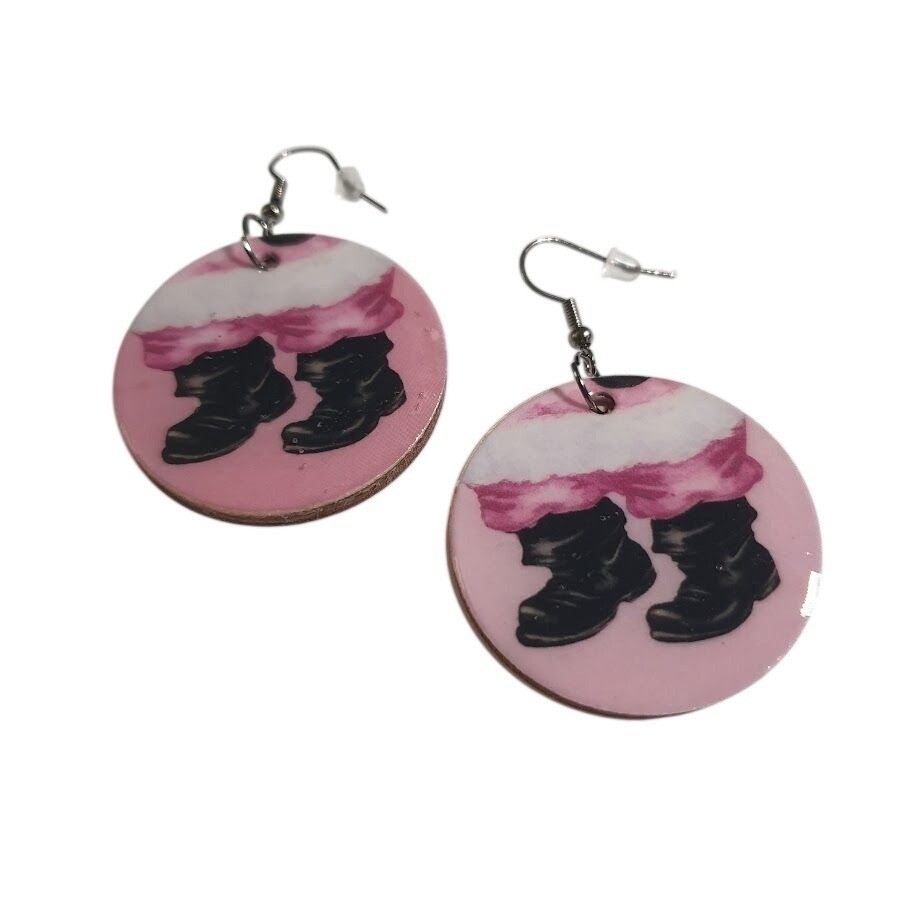 Santa Boots Pink Wooden Earrings Fun Lightweight Durable Handmade Holiday Gift