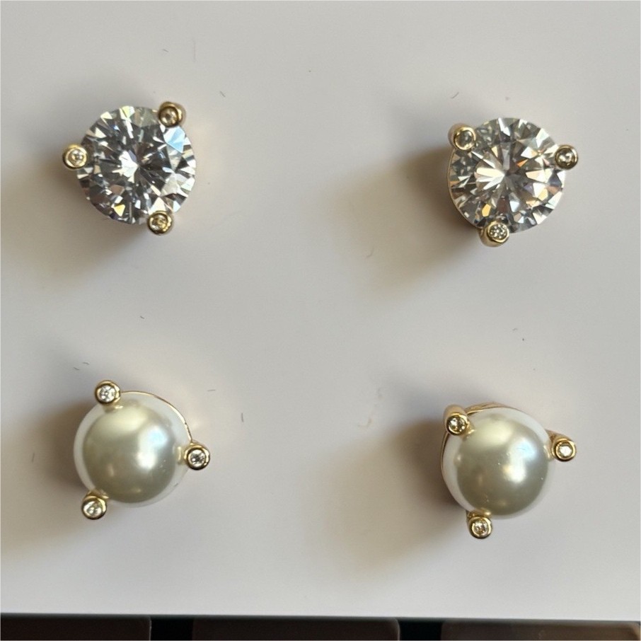 Kate Spade Rise & Shine Crystal Faux Pearl Stud Earrings Gold Tone NWT