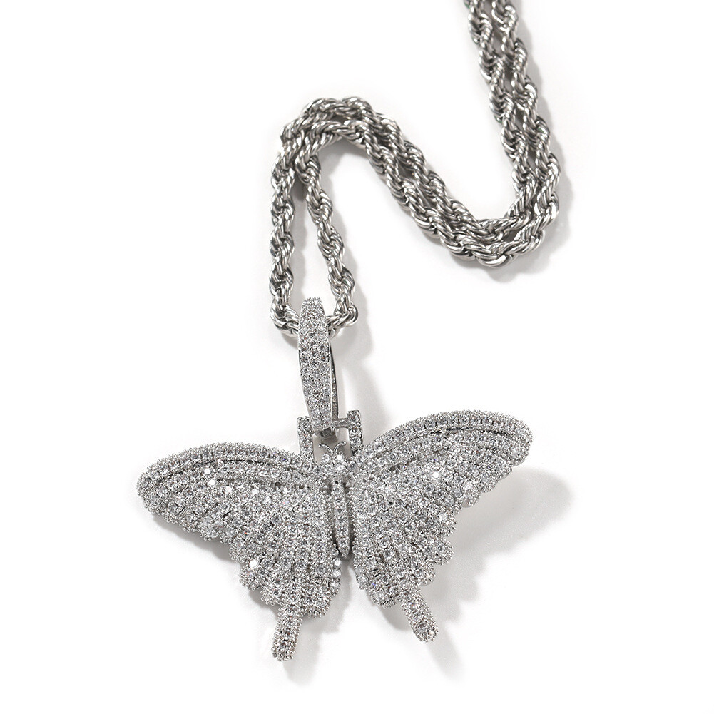 14k Gold Plated Pendant Butterfly White Gold Iced CZ Out Stainless Steel Chain