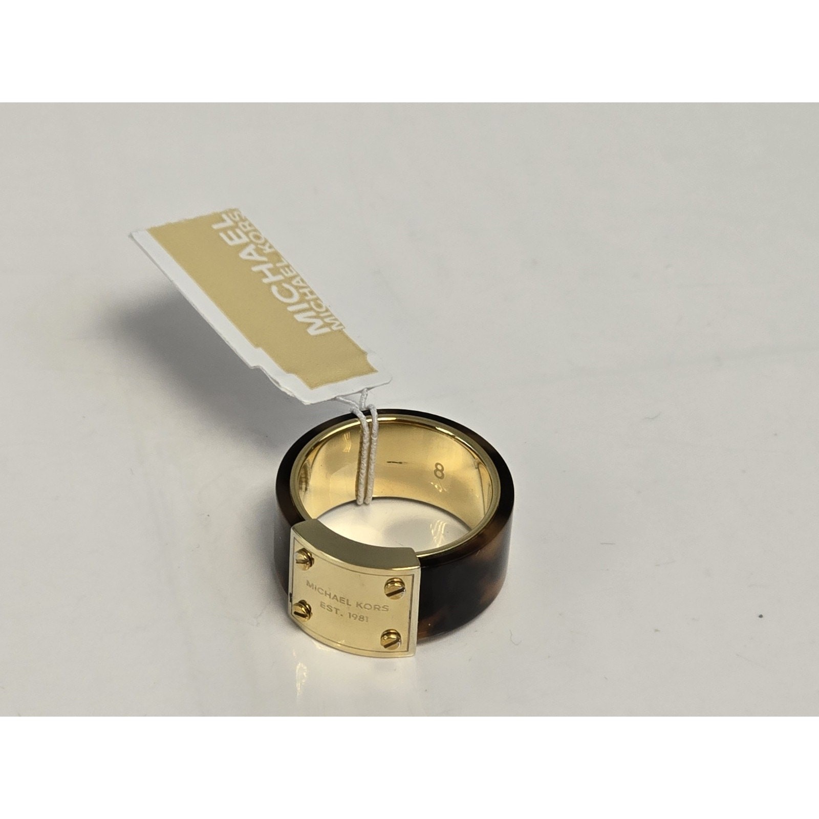 Michael Kors EST 1981 Logo Plaque Ring Gold Size 8 New NWT $75