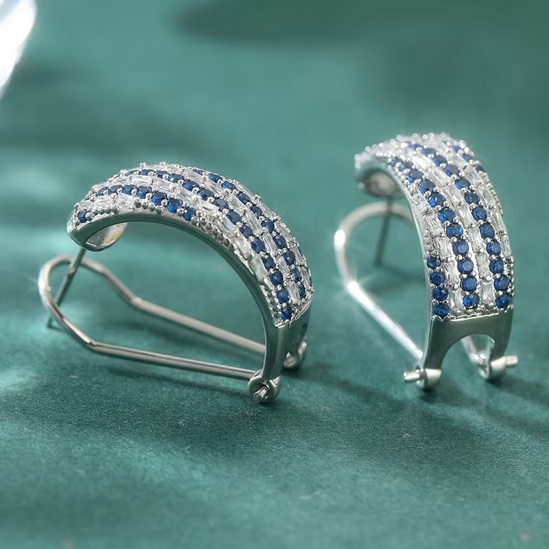 Round Cut Simulated Blue Sapphire Omega Back Hoop Earring 14K White Gold Plated