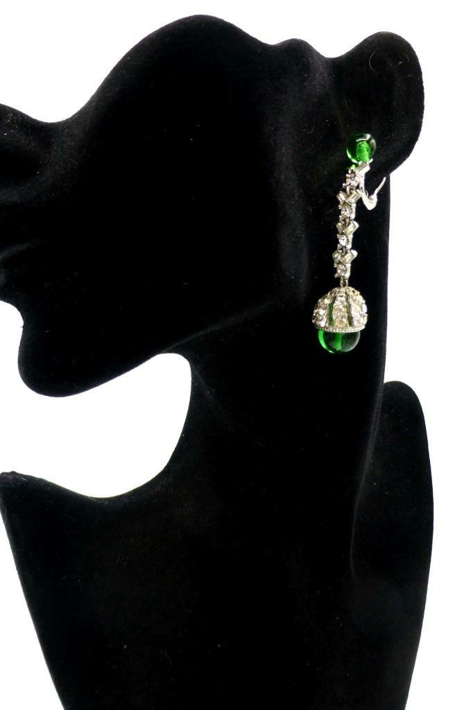 EXQUISITE!Vintage CINER Emerald Gripoix Rhinestone Statement Dangle Earrings