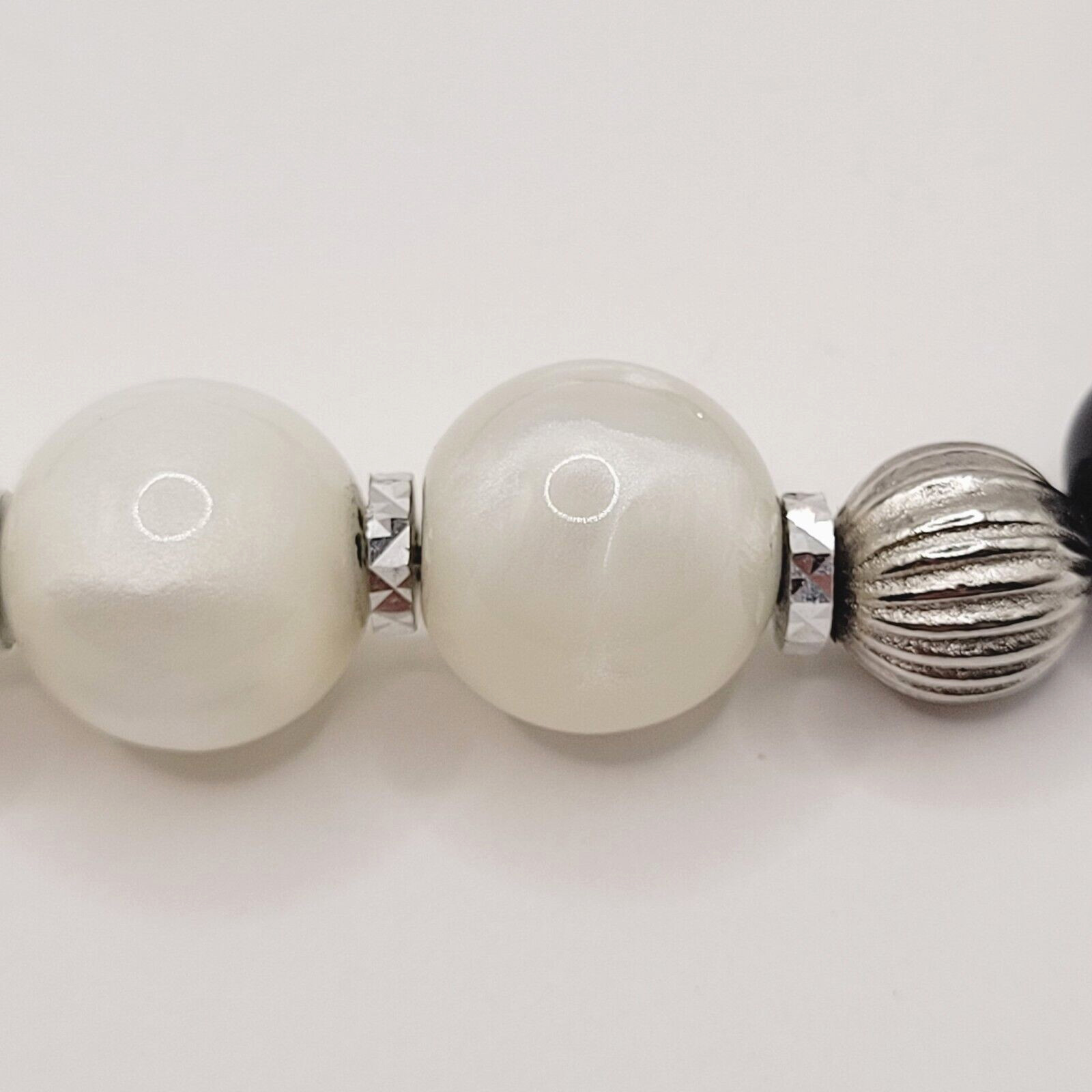 1928 Graduated Black and White Lucite Glow Beaded Necklace Silver Tone Unmarked