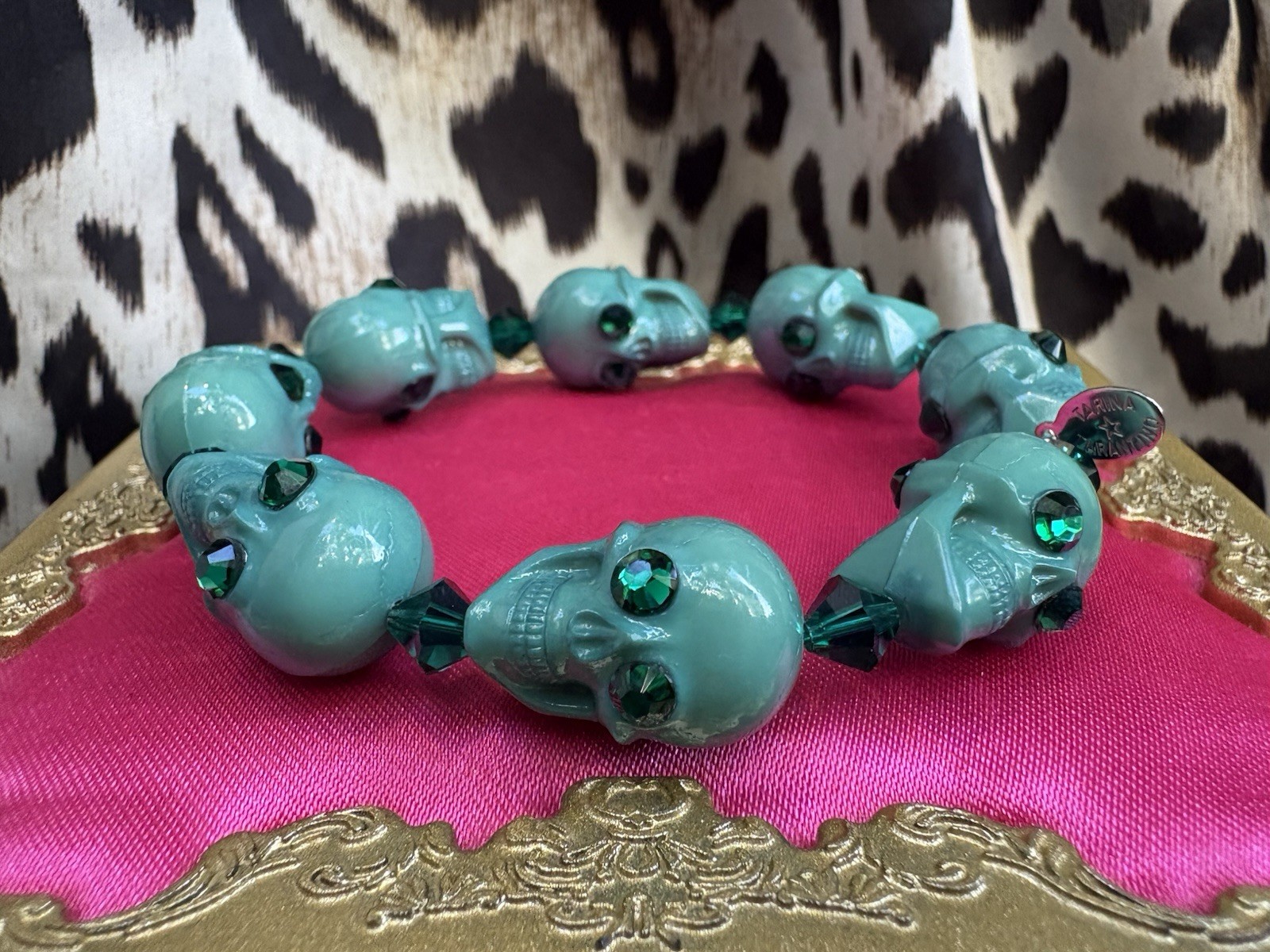 Tarina Tarantino Vintage Emerald City Teal Green Lucite Skull Swarovski Bracelet