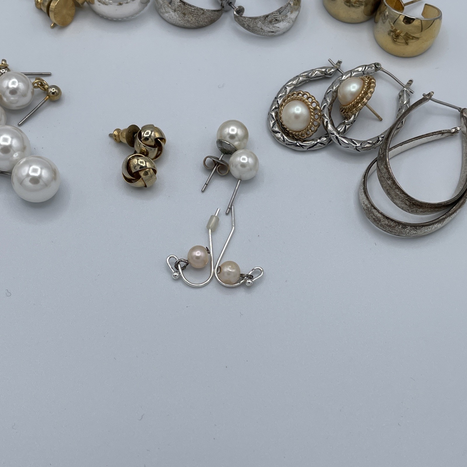 Mixed Costume Earrings Slot Appx 15 Pairs Of Gold And Silver Tone, Faux Pearls