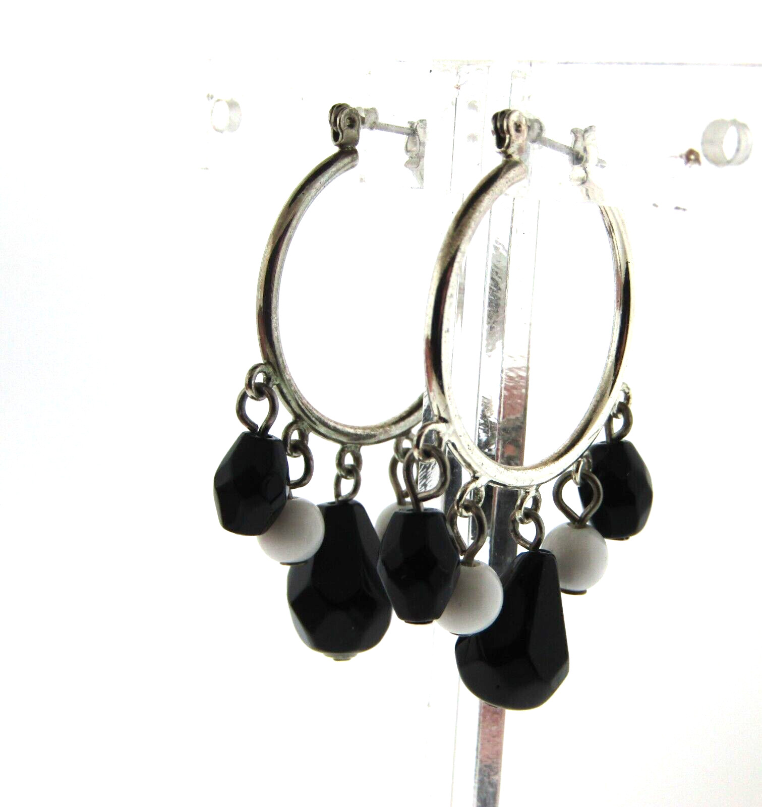 Black Glass Bead Drop Dangle Hoop Earrings 1.75 inch