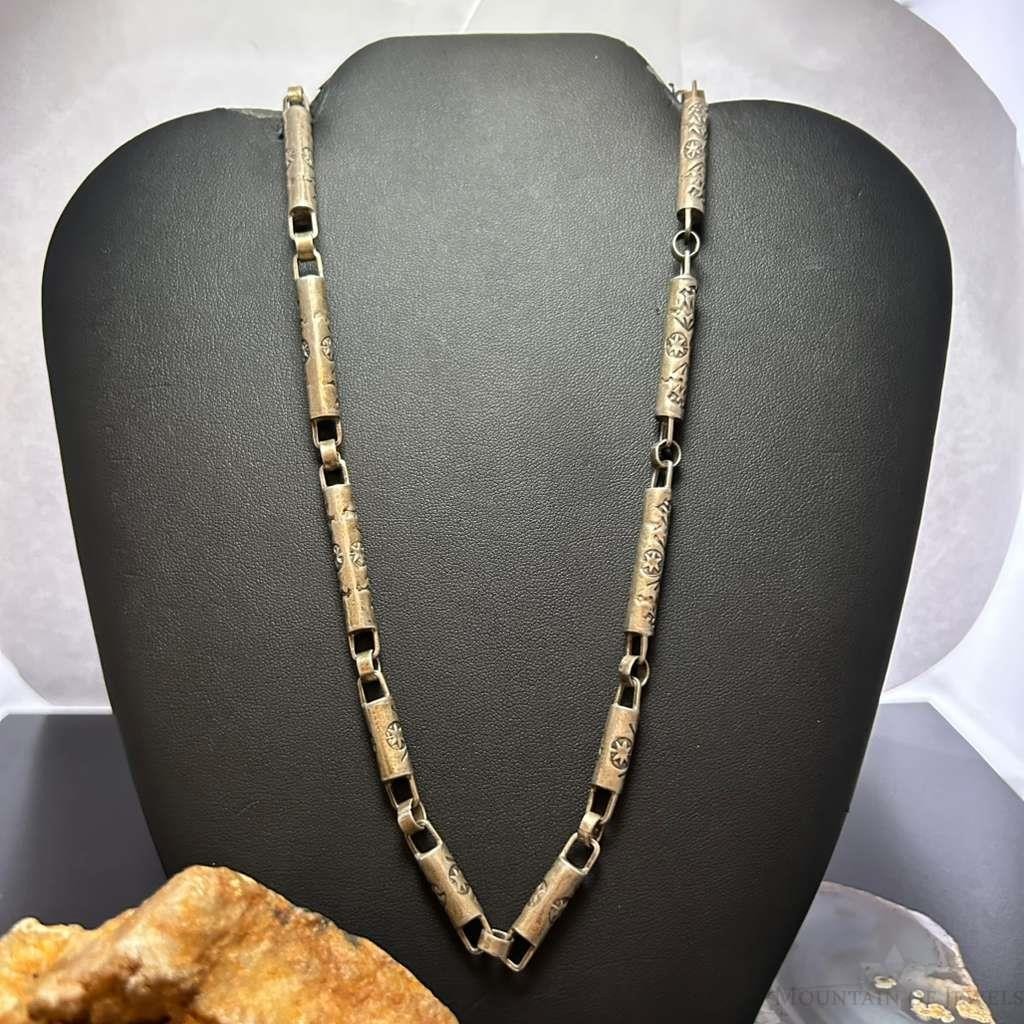 Vintage Silver Stamped Cylinder 24″ Fashion Link Necklace For Women