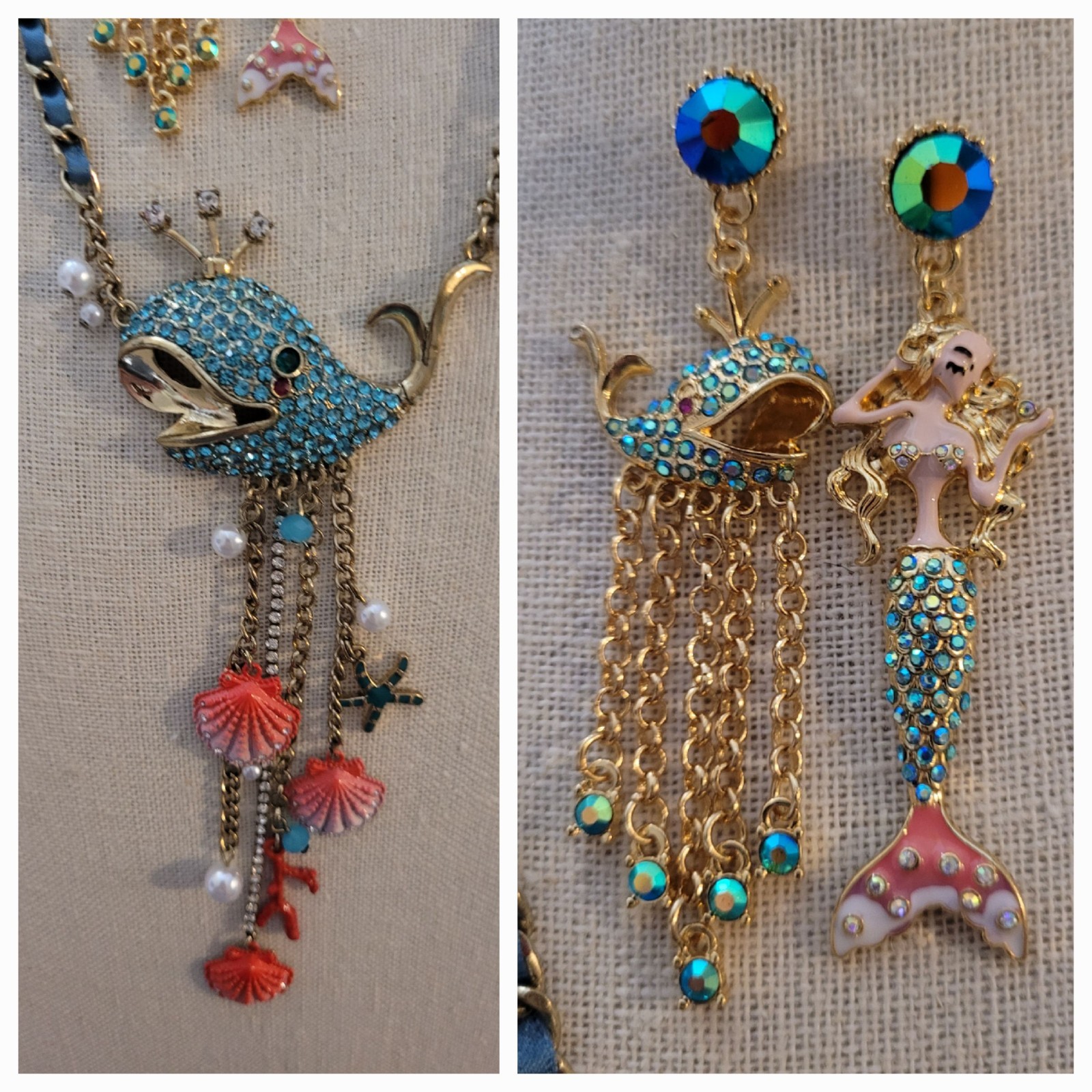 Vintage Betsey Johnson Blue Crystal WHALE Pendant w/Match Earrings Ocean BEACH