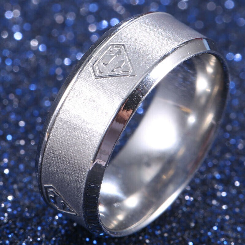 Superman Emblem Solid Color 8mm Stainless Steel Ring Gold Silver Blue Black Ring
