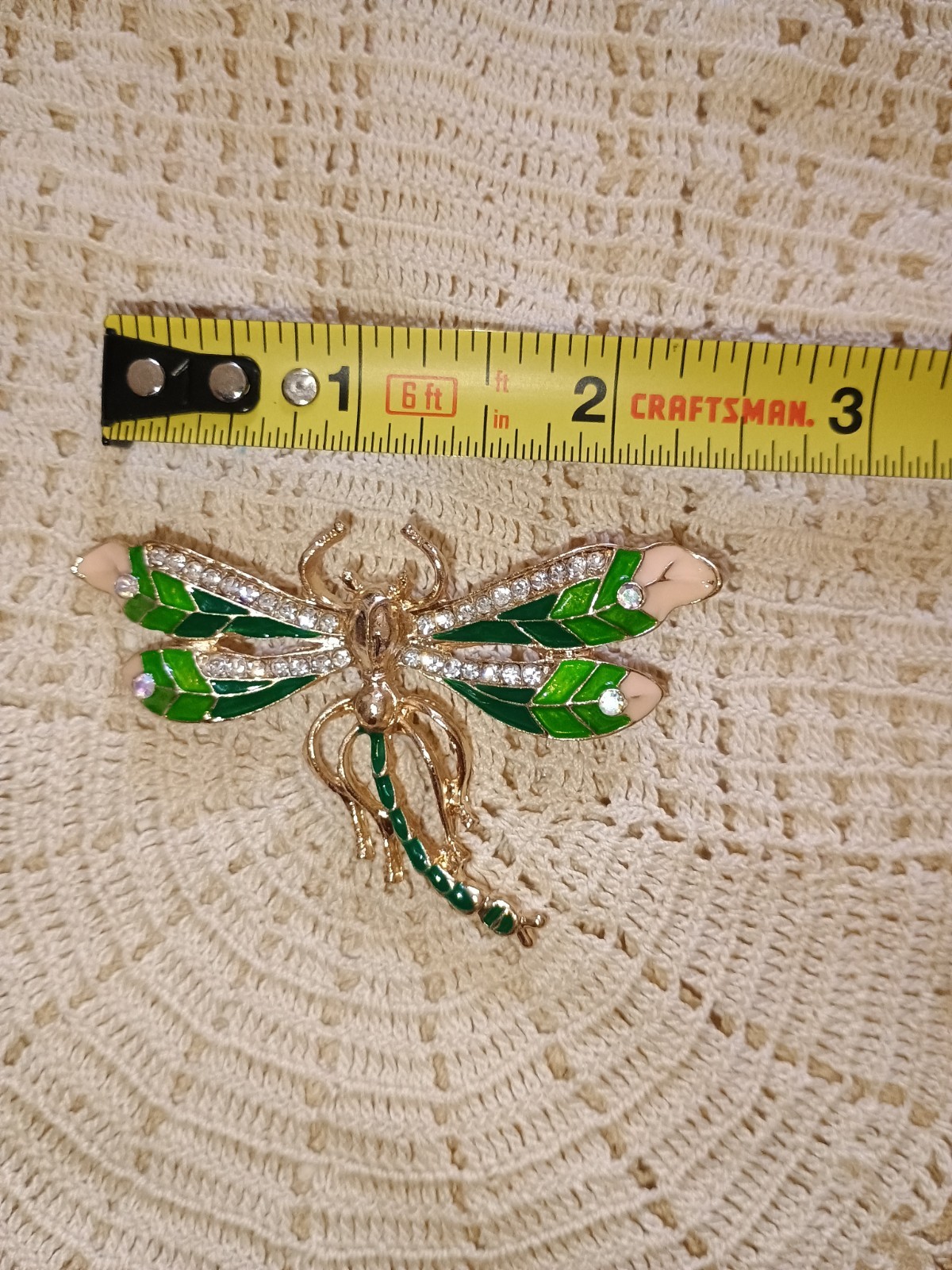 Pink, Green, And Rhinestone Dragonfly Brooch
