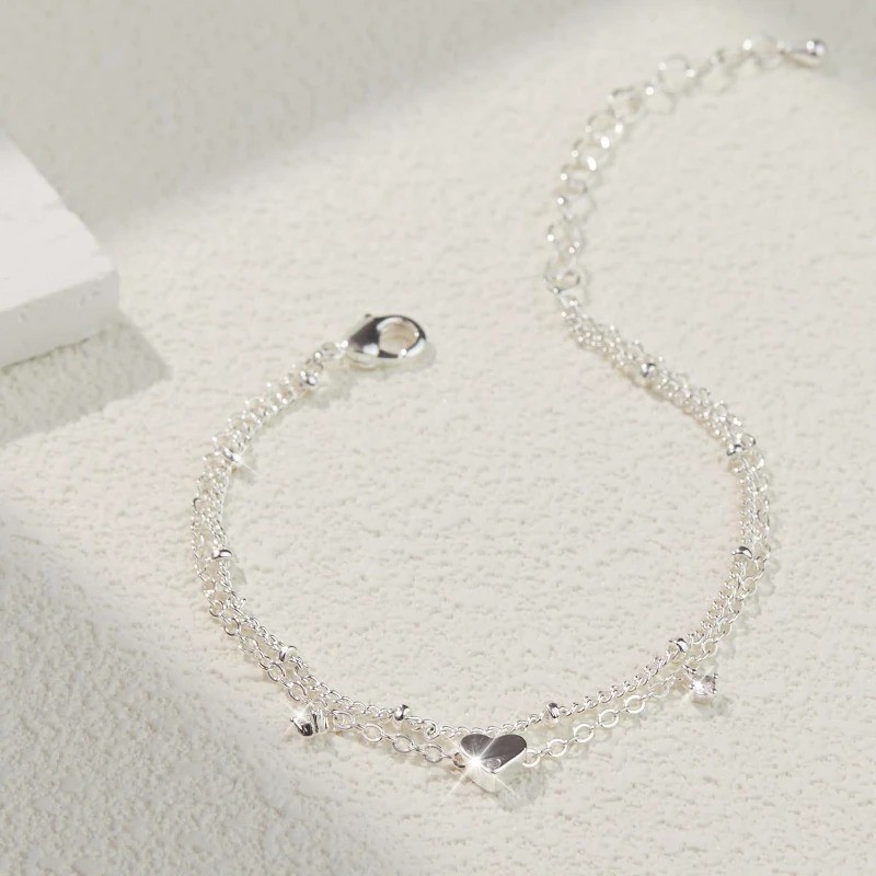 Women’s 925 Silver Plated CZ Heart Anklet Waterproof Foot Bracelet