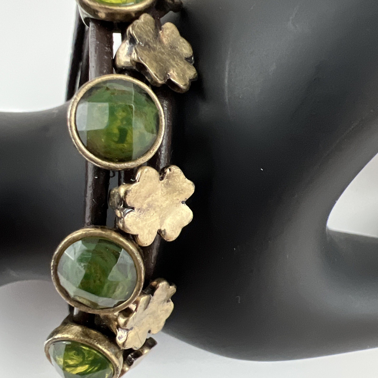 Fossil Bracelet With Green Stones And Clover Leaves For St Patrick Celebration