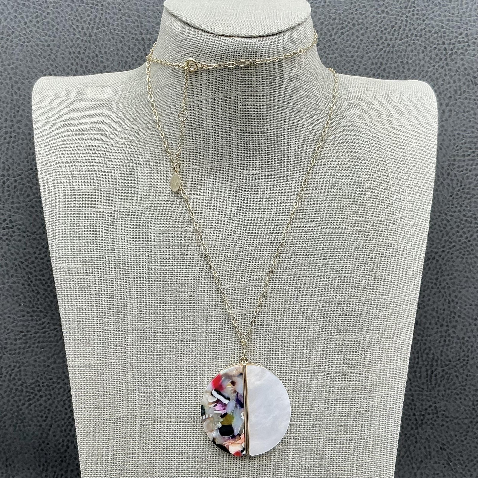 LOFT Necklace Gold Tone Multicolor Resin Round Pendant 36 In Statement Jewelry