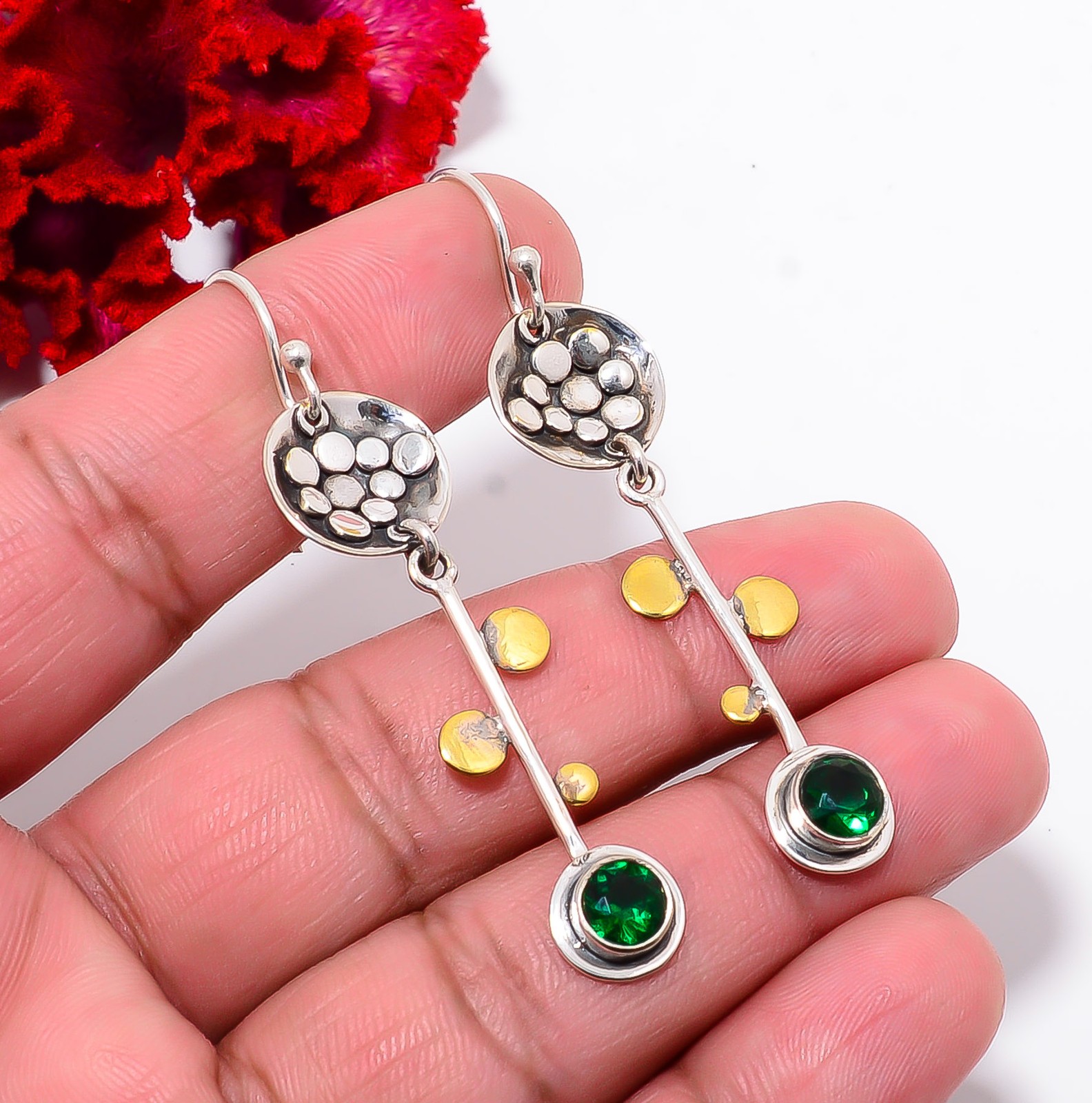 Tsavorite 925 Sterling Silver Two Tone Earring 2.25″ E94247