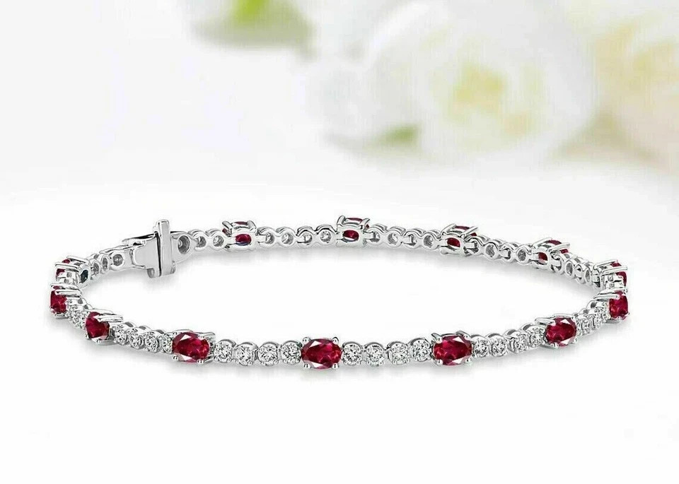 10 Ct Oval Cut Simulated Ruby 925 White Sterling Silver Stunning Tennis Bracelet