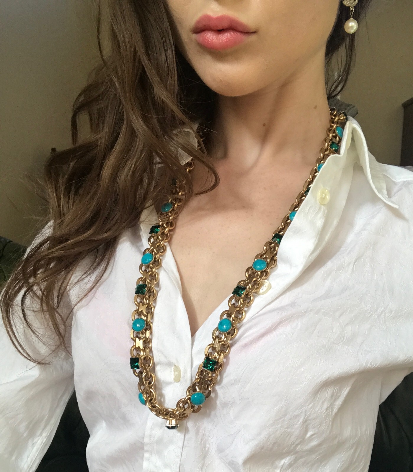 Lanvin Paris Long Necklace / Belt Gold-Tone Turquoise & Green Crystal New + Box