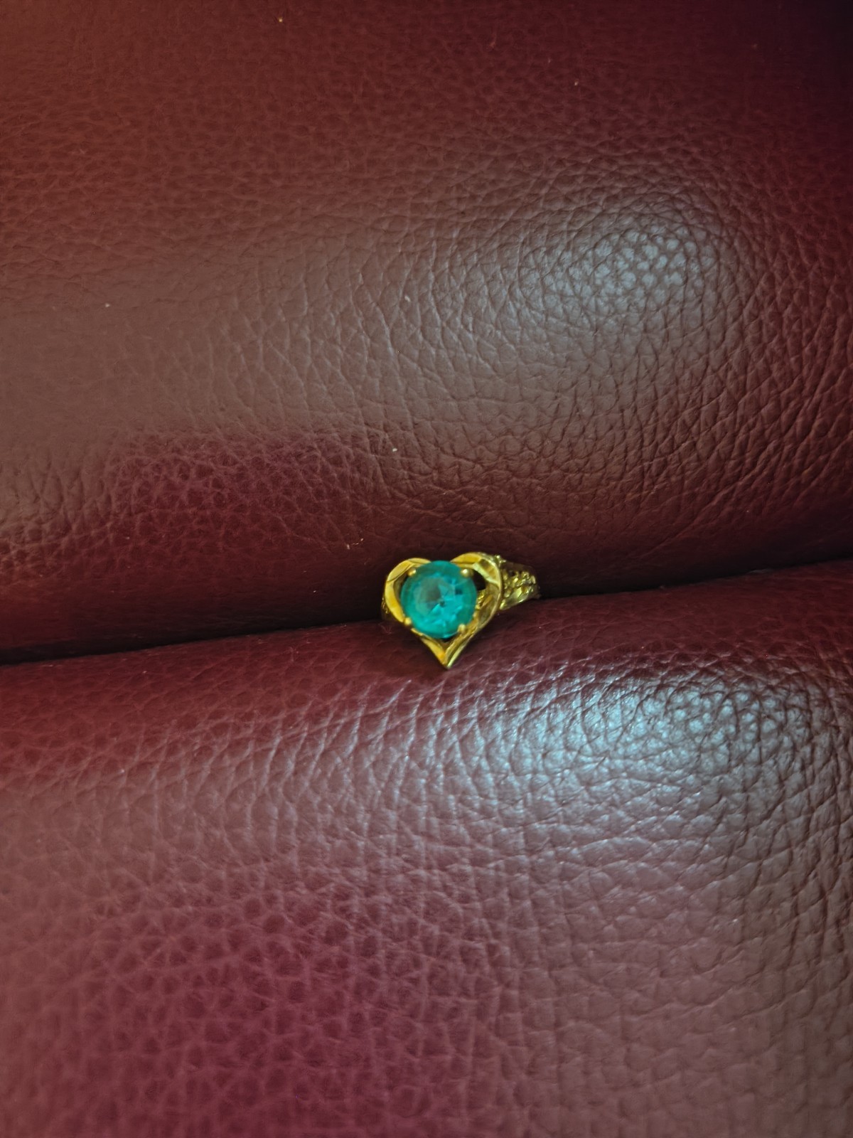 Gold Tone Open Heart Solitaire Ring Green Crystal Simulated Emerald