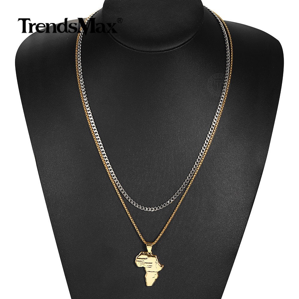 2Pcs Stainless Steel Curb Chains Gold Plated Africa Map Pendant Necklaces 20+22″