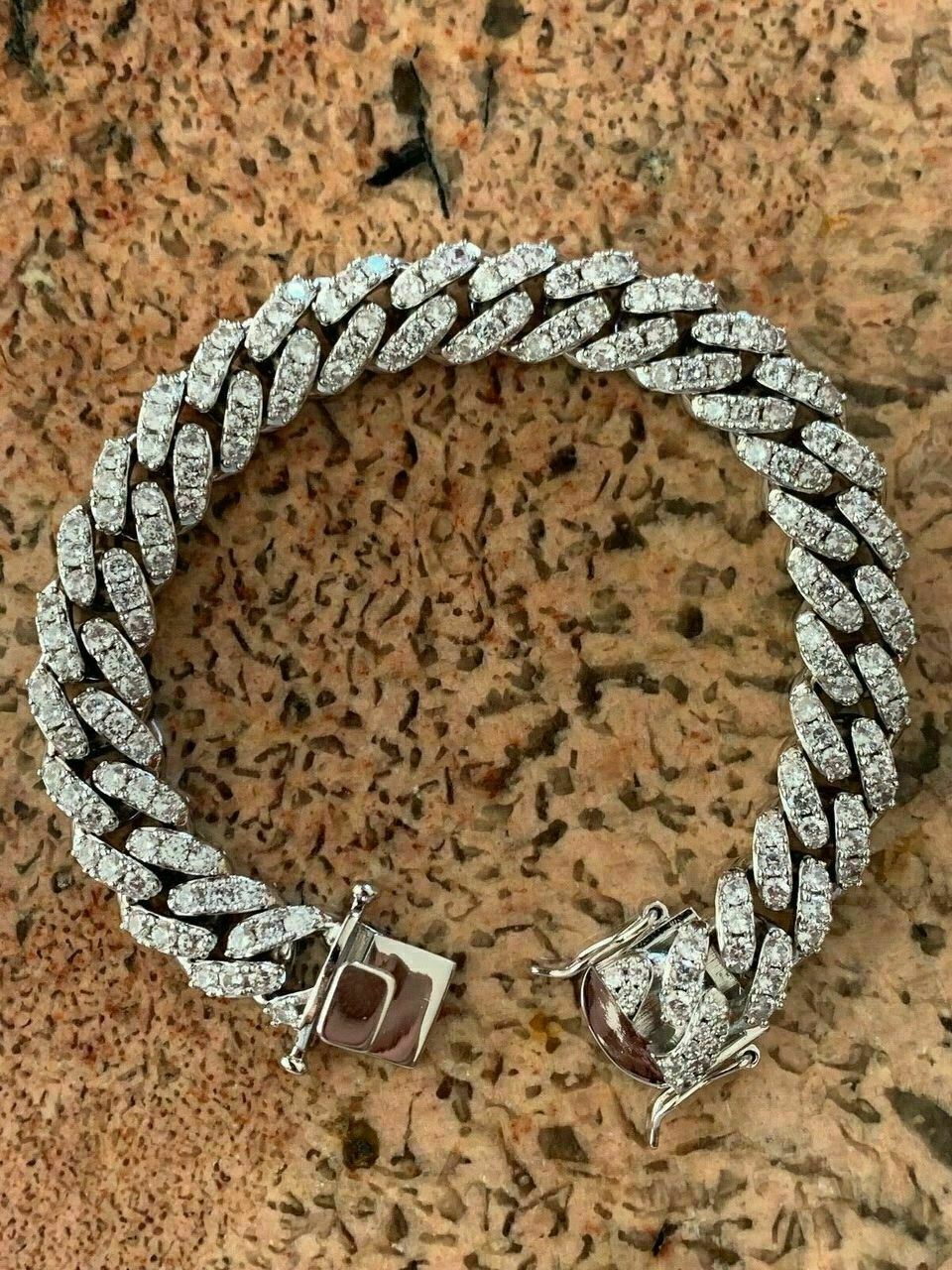 925 Silver Mens Miami Cuban Bracelet Real Iced Moissanite Passes Tester HEAVY