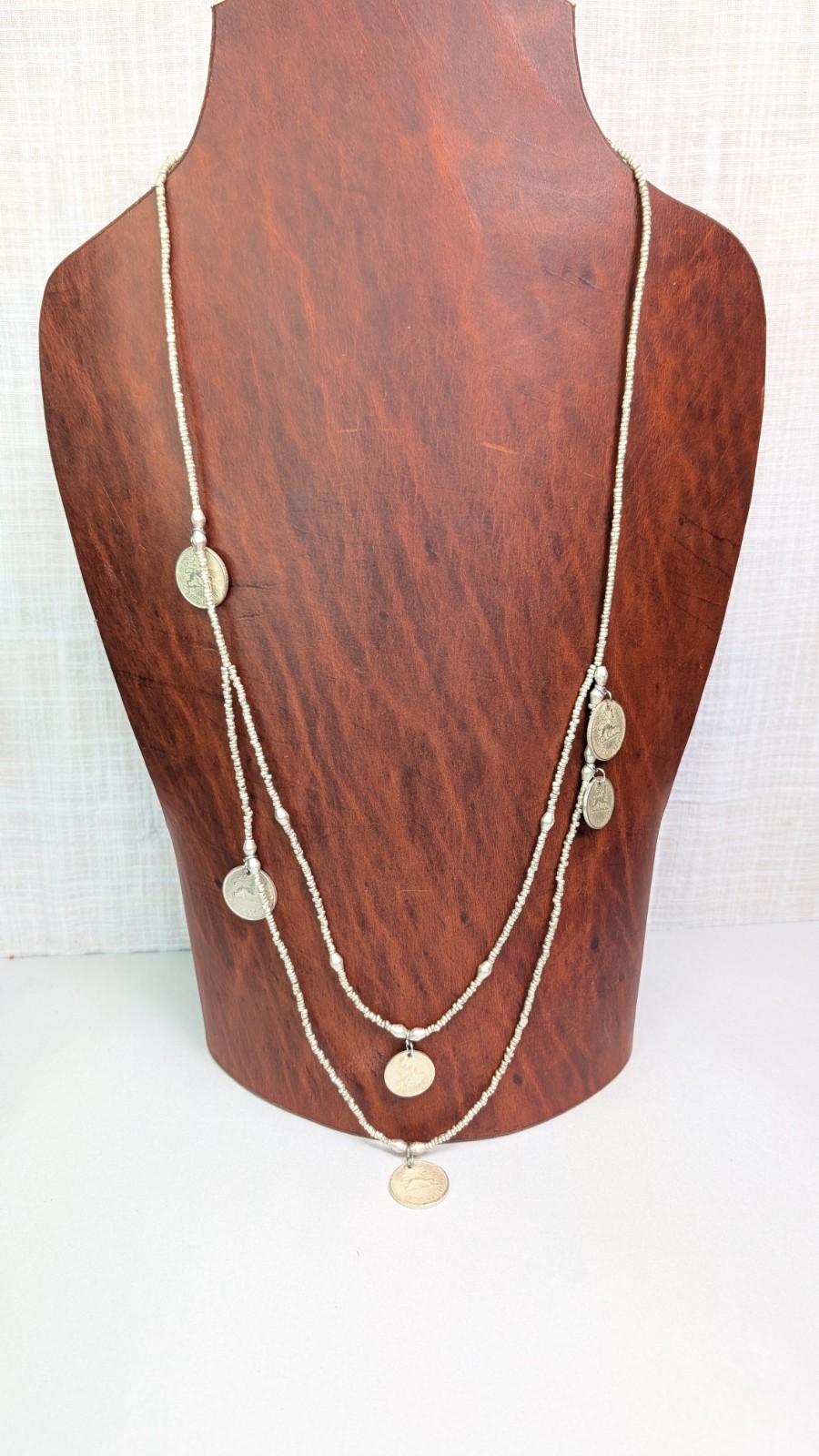 Emperor Haile Coin Necklace Silver Over Copper Double Strand Layered 30-34″