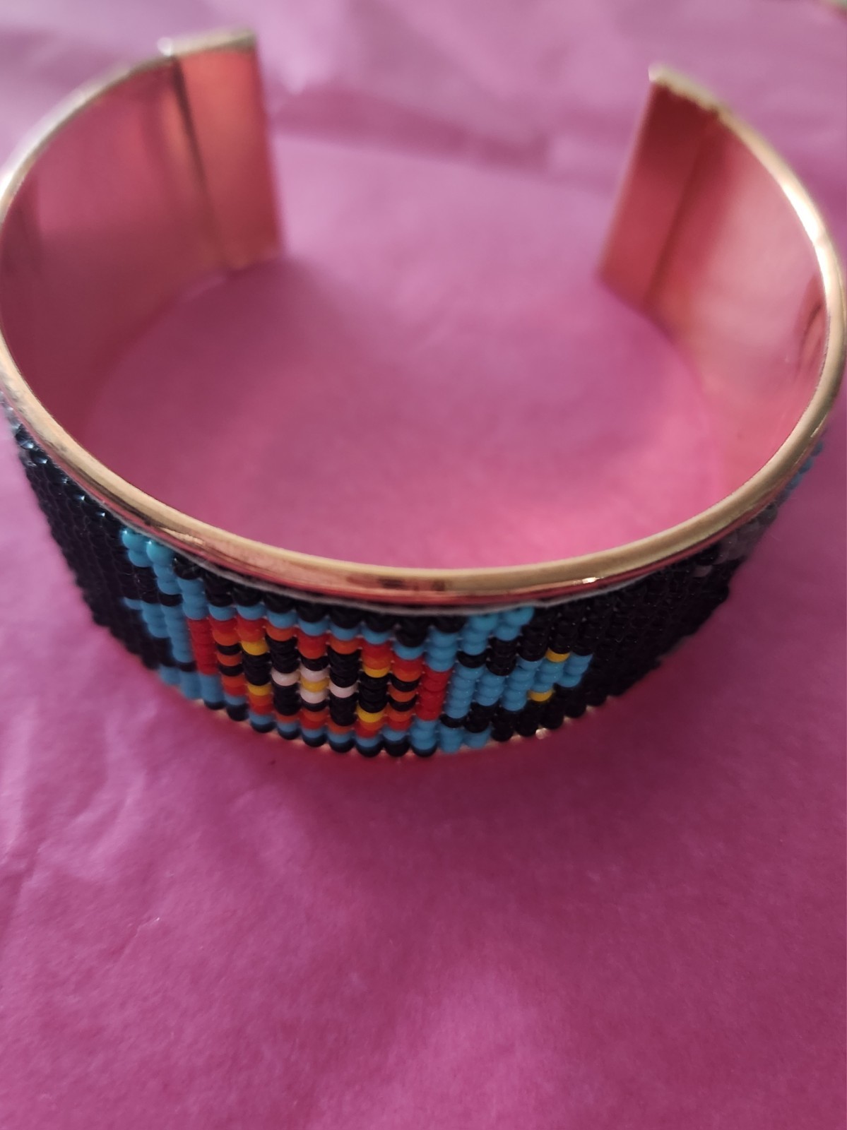 Native American Style Copper Seed Beaded Adjustable Bracelet Cuff Blue Black Red