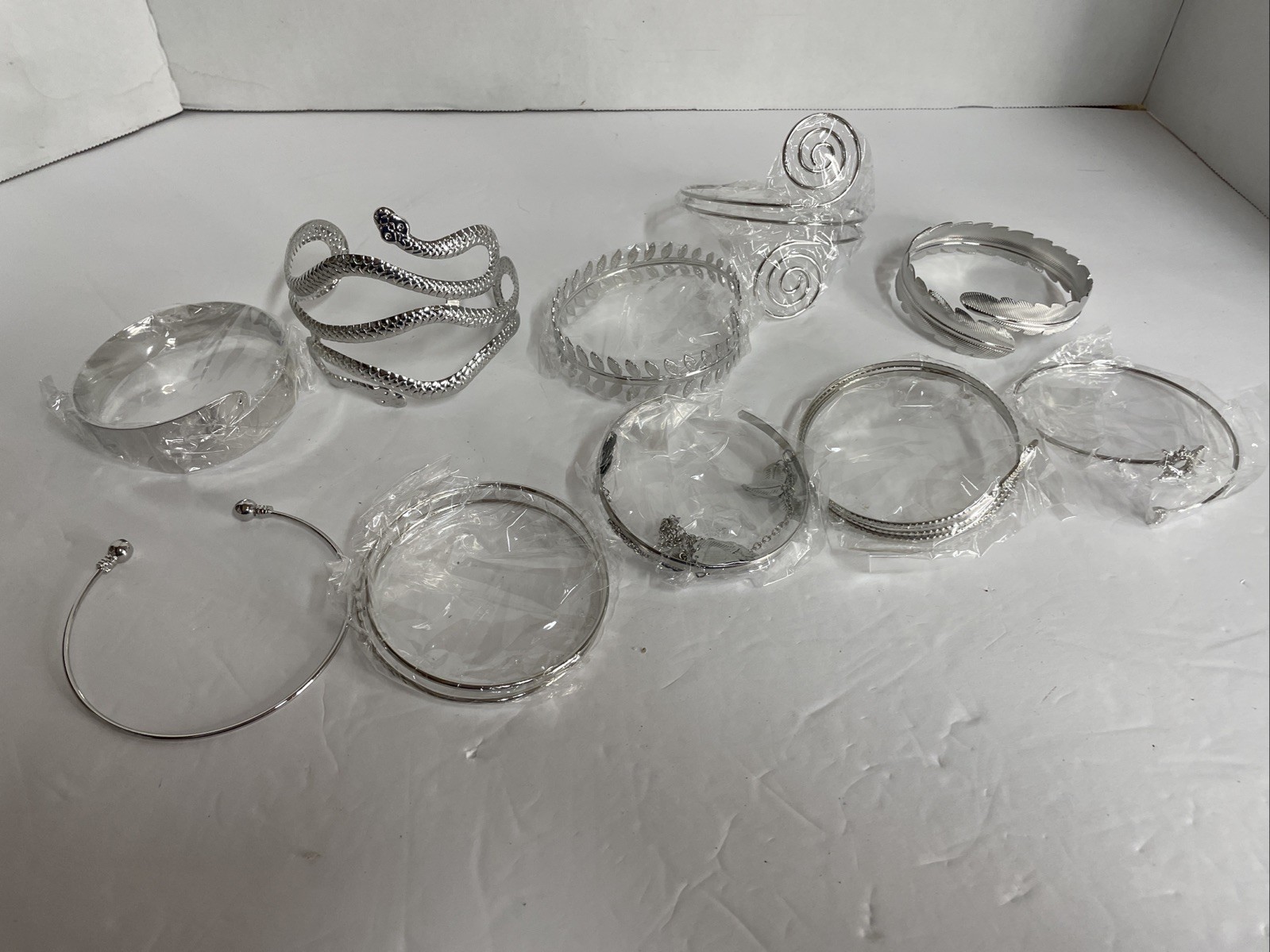 10 Bangle Silver Toned Bracelets Stackable Adjustable Alloy