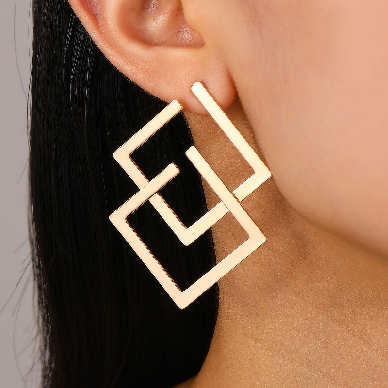 Women’s Geometric Rhombus Double Layer Earrings Fashion Golden Earrings Alloy