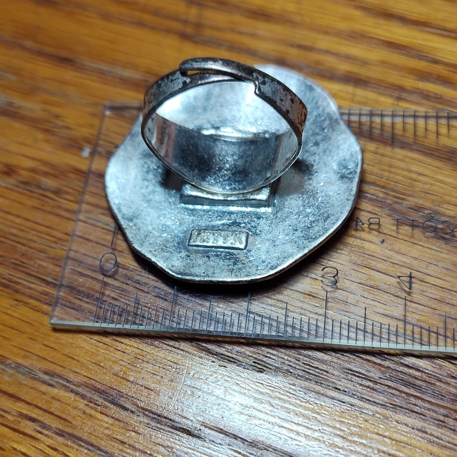 Silver Tone Octagon Statement Band Ring Signed IKITA Stamped Metal Size 7