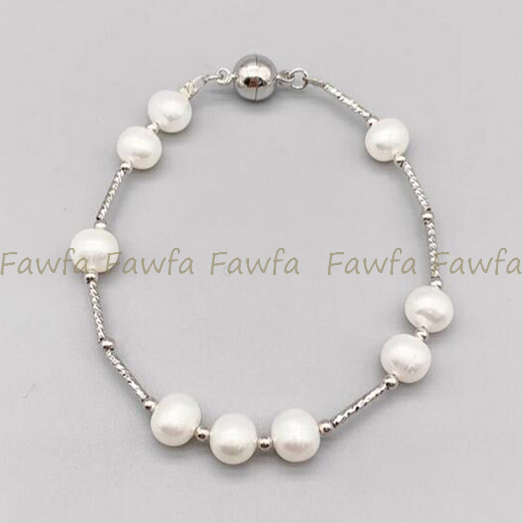 Genuine Natural 6-11mm White Freshwater Baroque Pearl Bangle Barcelet 7.5-8 in
