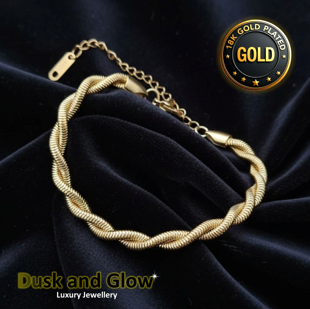 Elegant Gold Twisted Snake Bracelet Luxury 18K Plated Herringbone Detail Design
