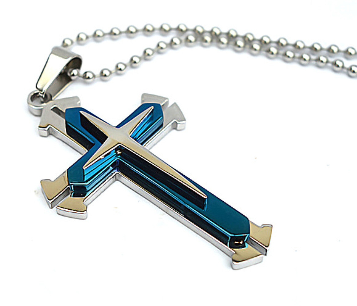 Vintage Cross Pendant Necklace BLUE & Gold Stainless Steel Alloy Unisex Crucifix