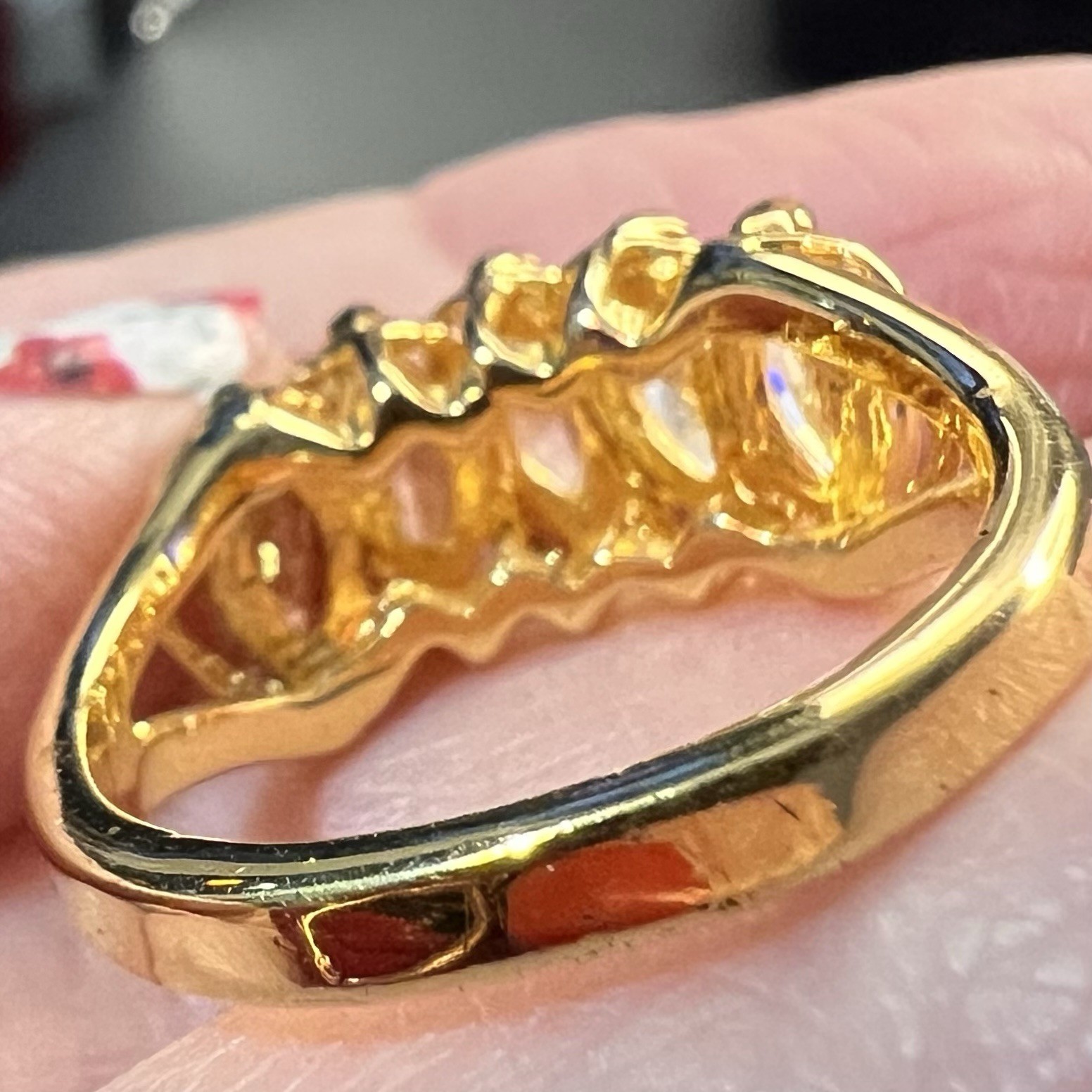 Beautiful Ring, 5 Marquise CZs in Gold Plate Setting, Delicate Rope Design, Sz 9