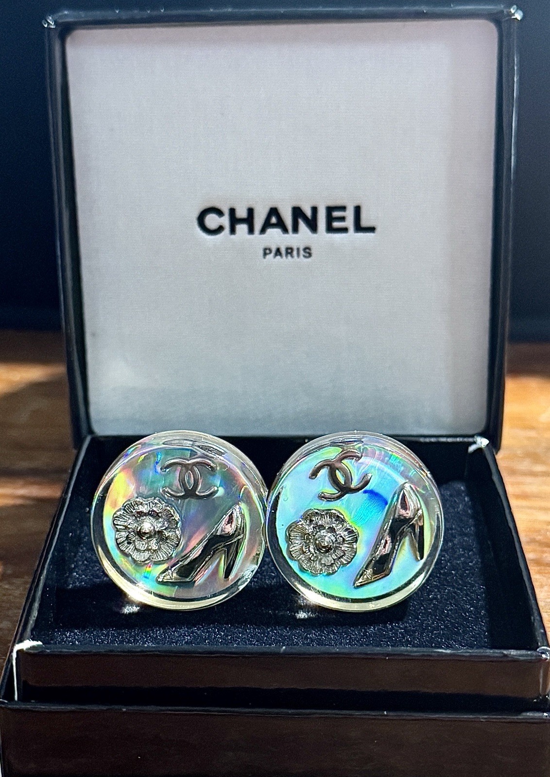 CHANEL Holographic Aurora Earrings Coco Mark High Heels Camelia