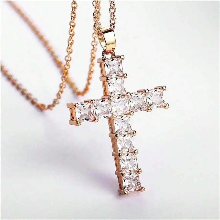 1pc Gold Cross Pendant Necklace – Multicolor Crystal Religious Jewelry for Women