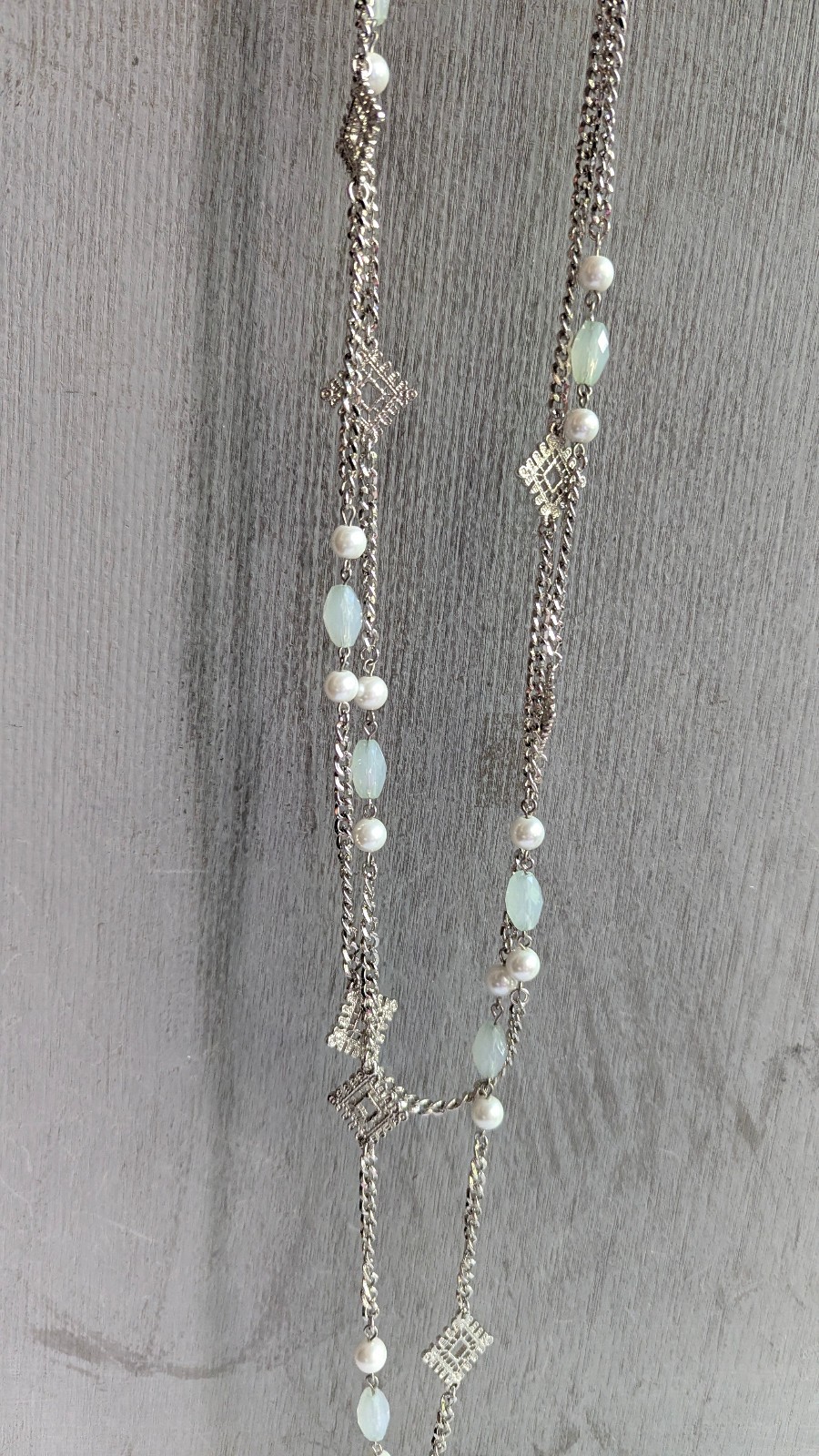 Silver Tone 2 Strand Long Necklace Faux Pearl White Beads Geometric Station 32″