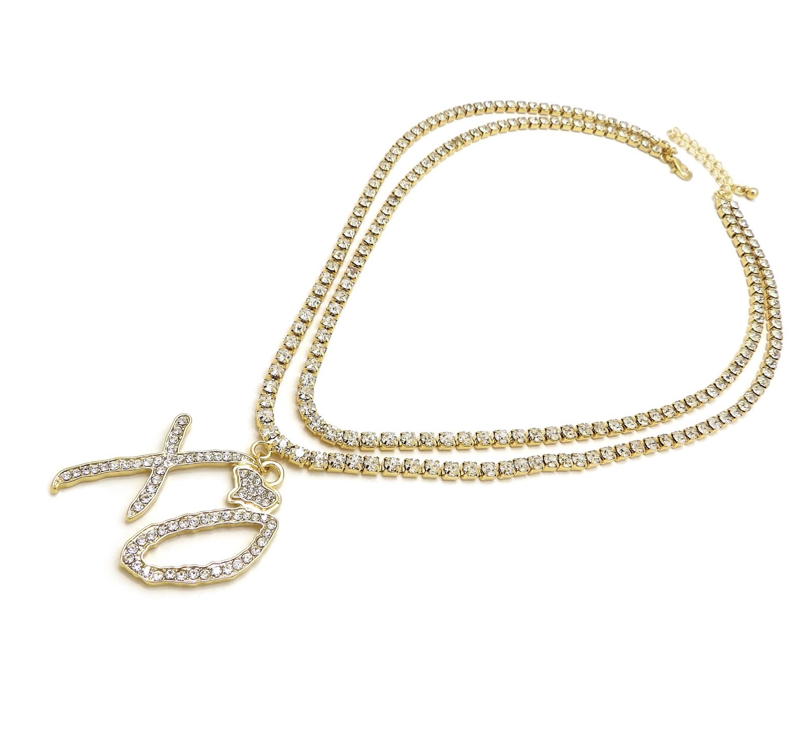 Iced Hip Hop Rapper XO Pendant w/ 3mm 16″ & 18″ 1 Row Tennis Chain Necklace